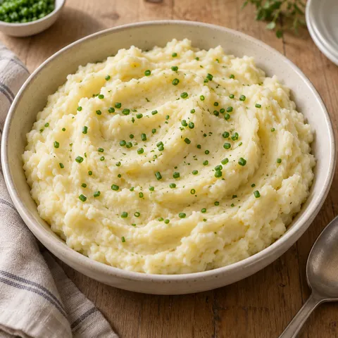 Smeuïge aardappelpuree met fijngesneden bieslook in een lichte keramische schaal