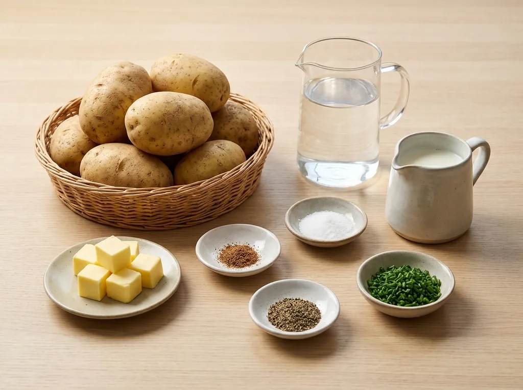 Kruimige aardappelen, melk, boter, water, zout, peper, nootmuskaat en bieslook