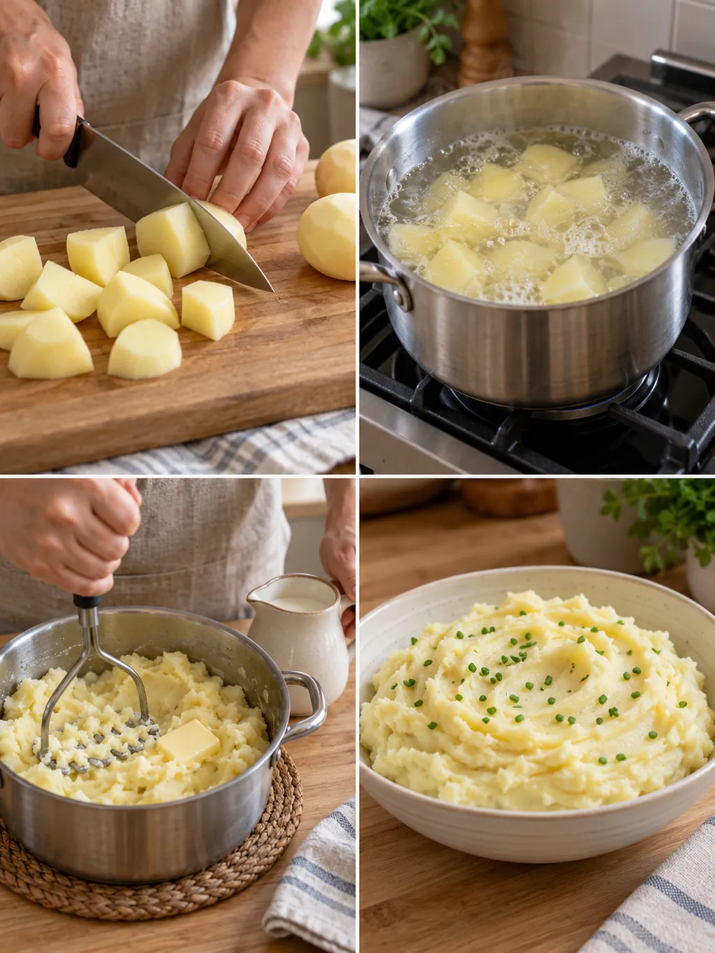 Aardappelen snijden, koken en stampen met als resultaat puree met bieslook