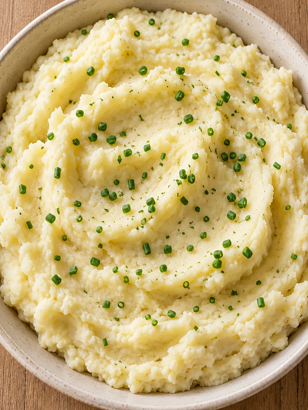 Aardappelpuree met zachte lepelribbels en groene bieslook in een keramische schaal