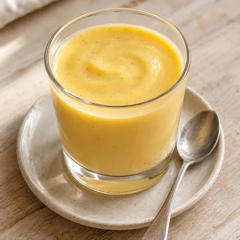 Zachtgele zelfgemaakte advocaat met vanillespikkeltjes in een klein glaasje