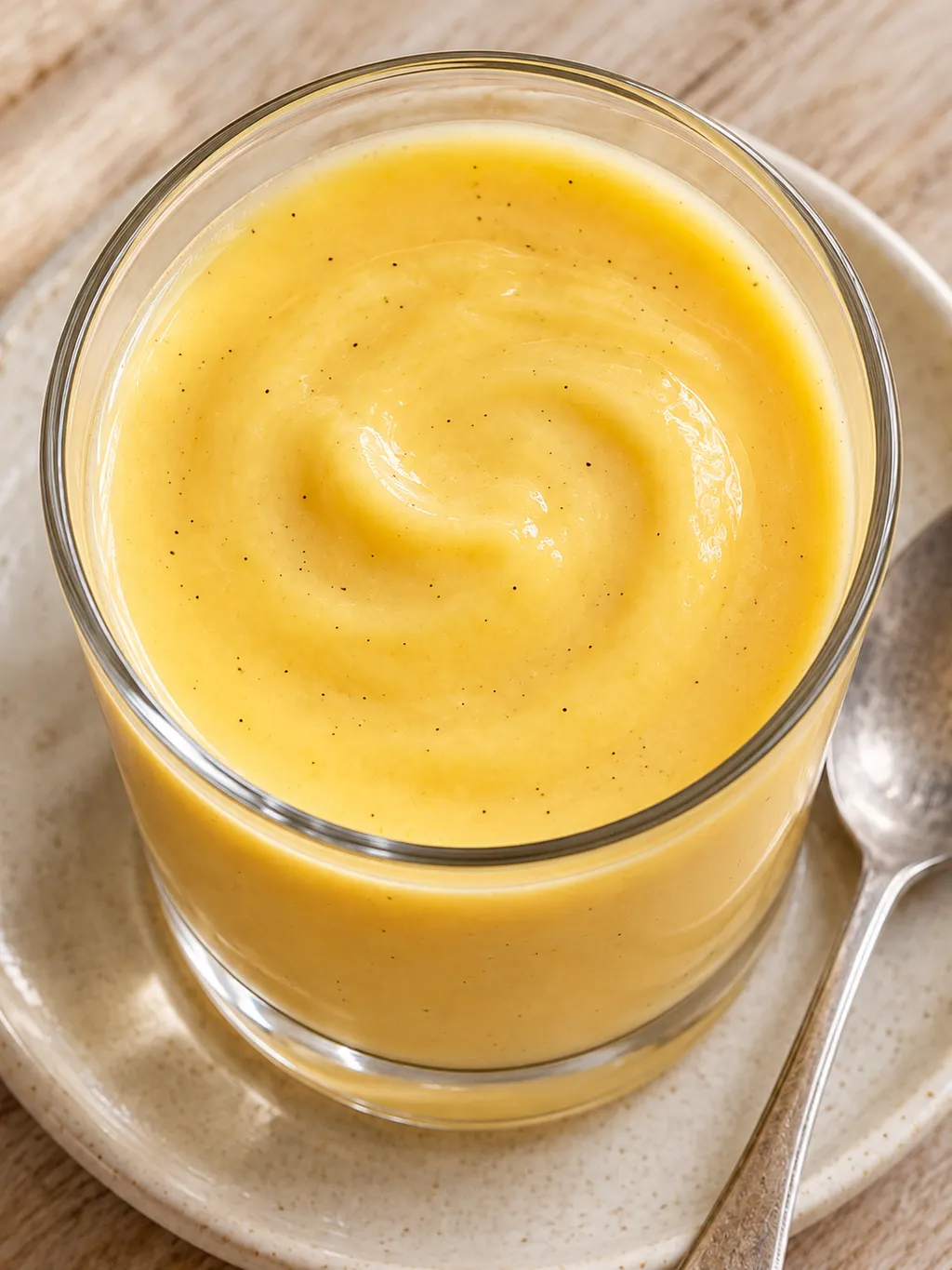 Dikke zachtgele advocaat met fijne vanillespikkeltjes in een helder glaasje