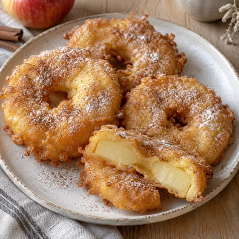 Goudgele appelbeignets met kaneelpoedersuiker en een zichtbare appelvulling