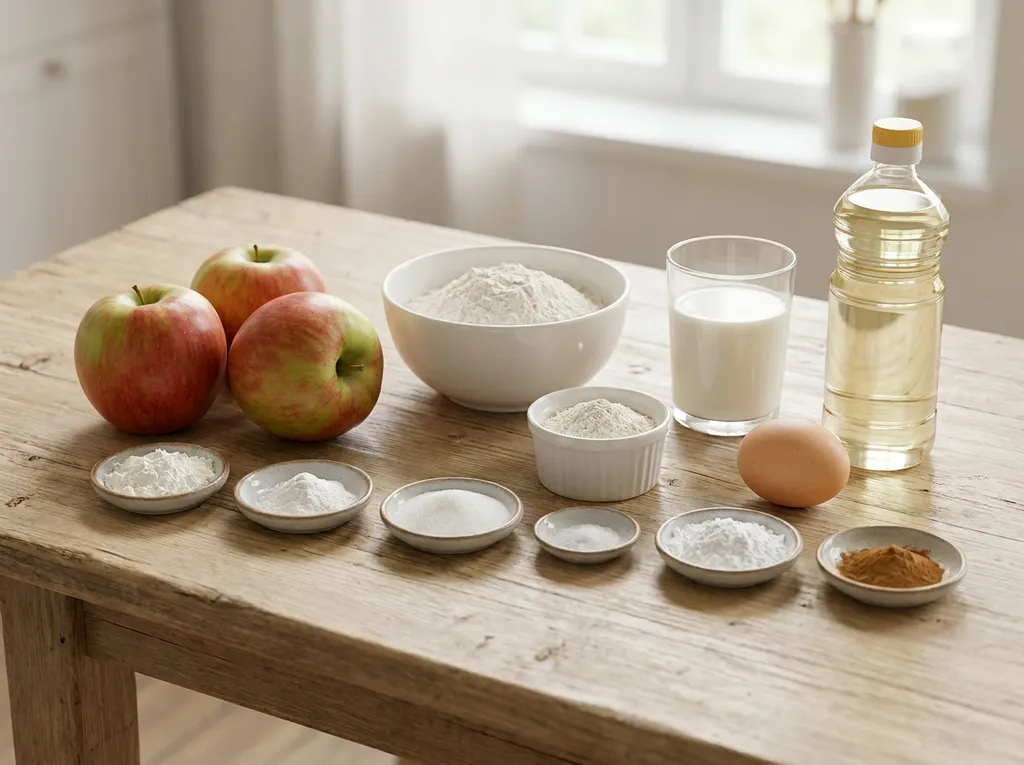 Appels, bloem, maizena, ei, melk, olie en suiker voor appelbeignets