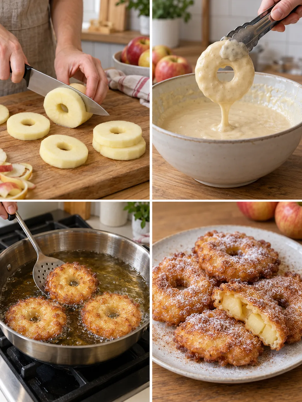 Appelringen snijden, door beslag halen, frituren en serveren met kaneelpoedersuiker