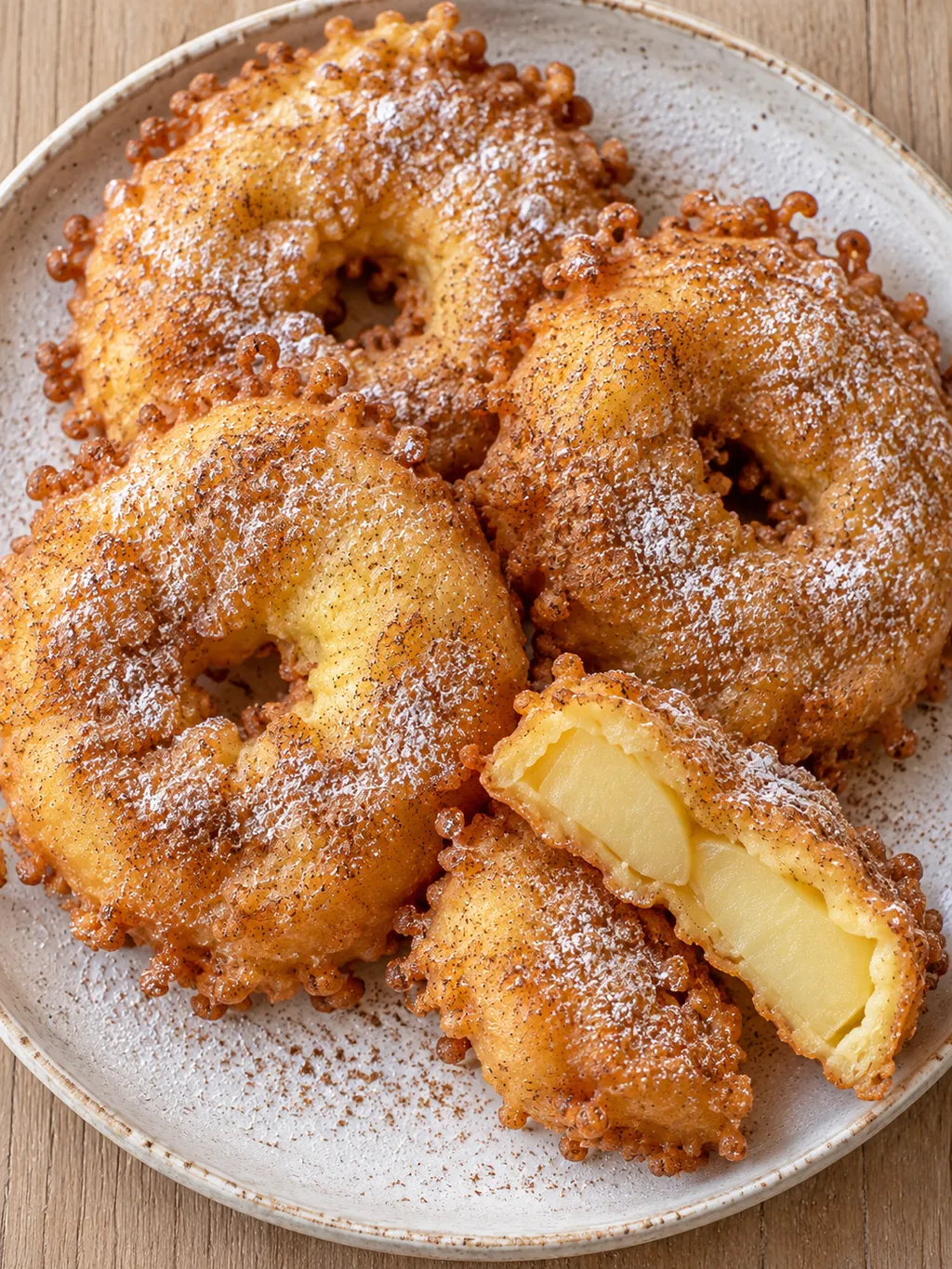 Krokante appelbeignets met kaneelpoedersuiker op een licht bord