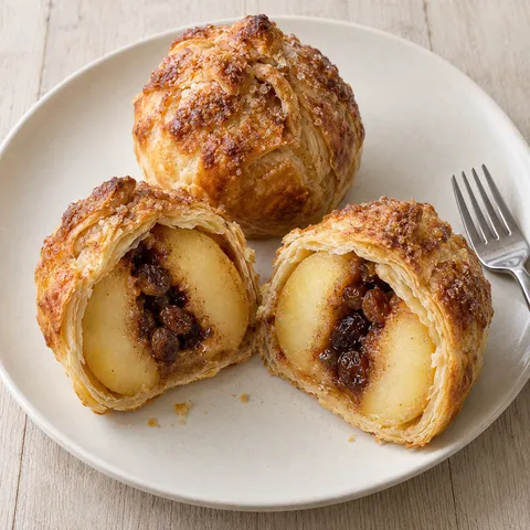 Appelbollen met goudbruin bladerdeeg en een vulling van kaneelsuiker en rozijnen