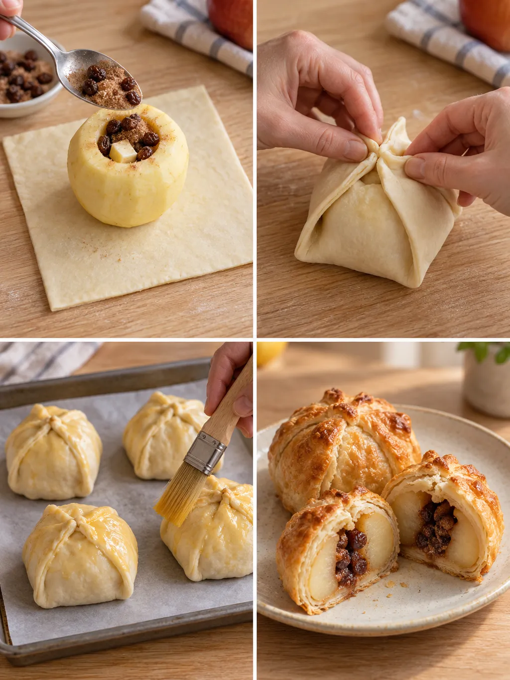 Appelbollen vullen, dichtvouwen, bestrijken met ei en goudbruin serveren