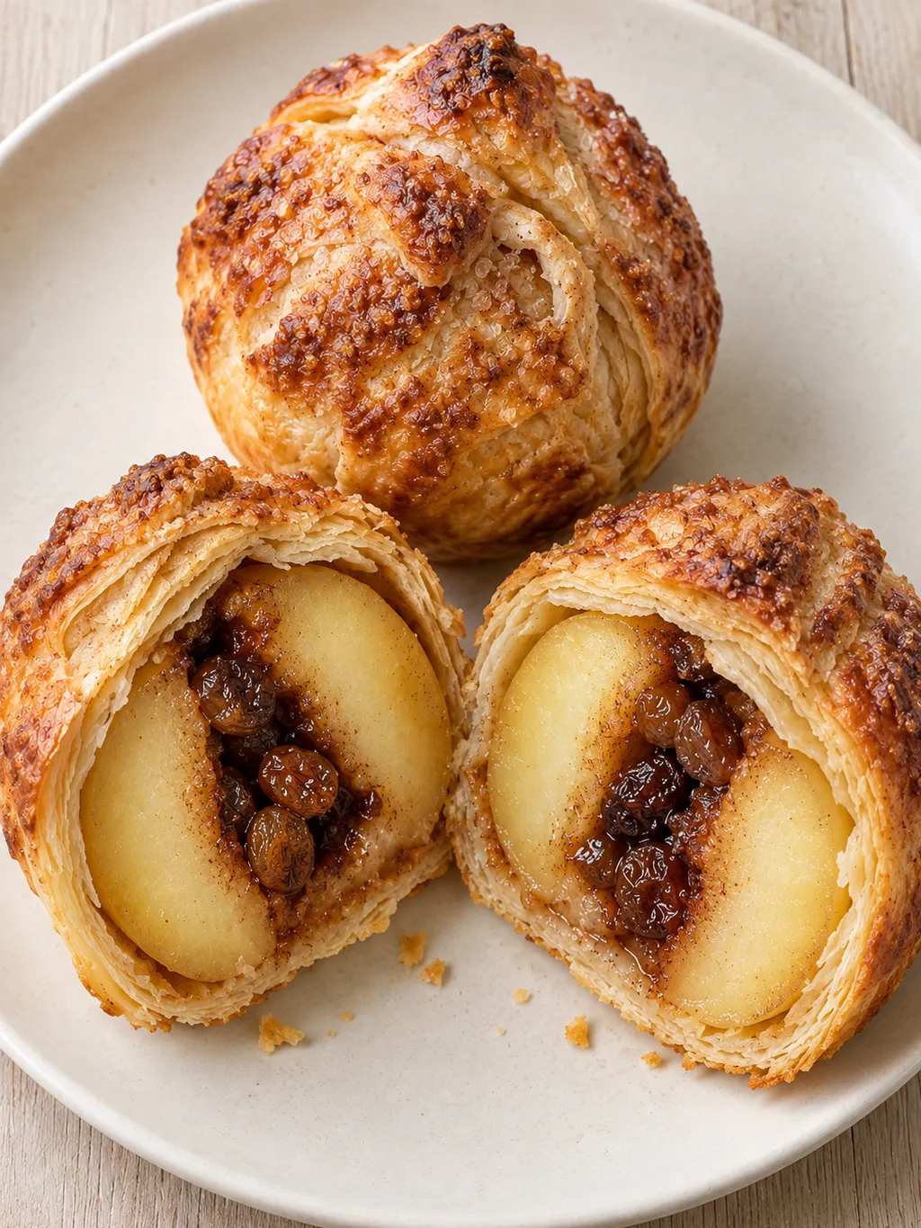 Hele en doorgesneden appelbollen met kaneelsuiker en rozijnen op een licht bord
