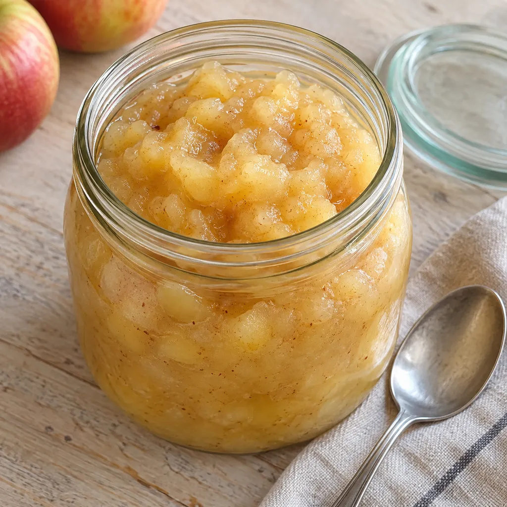Grof gestampte appelmoes met kaneel in een open glazen weckpot