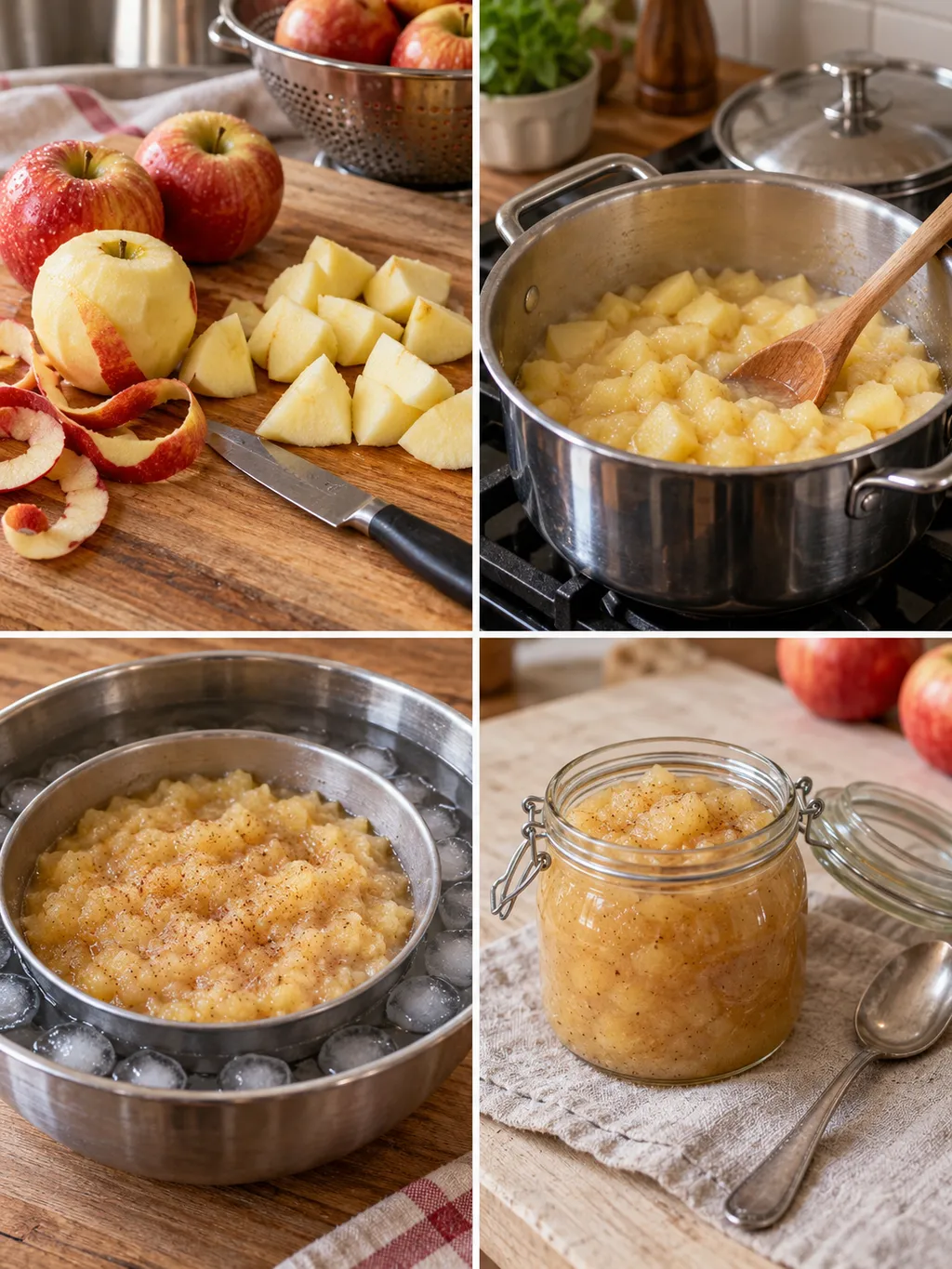 Appels schillen, zacht koken, appelmoes afkoelen en serveren in een weckpot