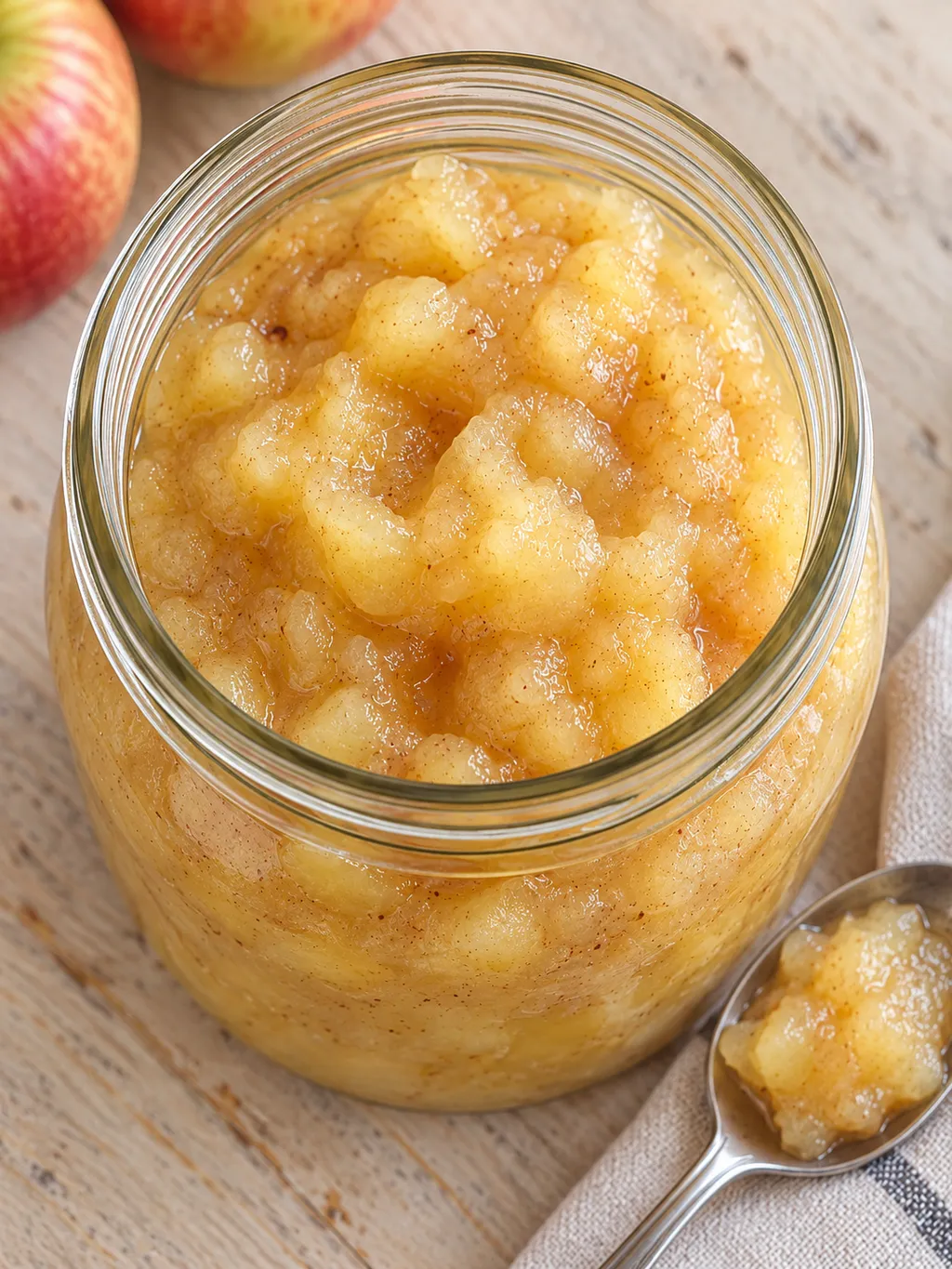 Licht goudgele appelmoes met zachte appelstukjes en kaneel in een weckpot