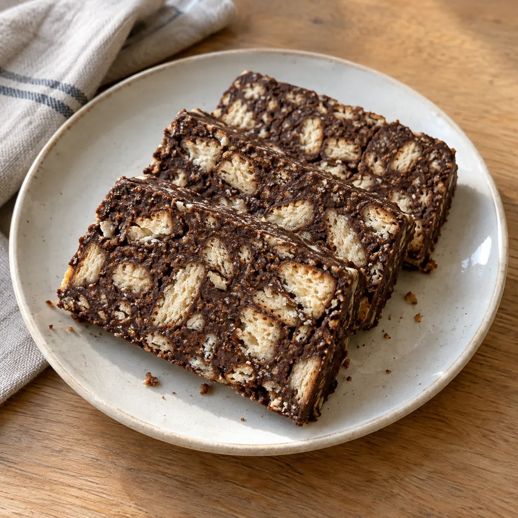 Plakken arretjescake met lichte biscuitstukjes in een donkere cacao-chocolademassa