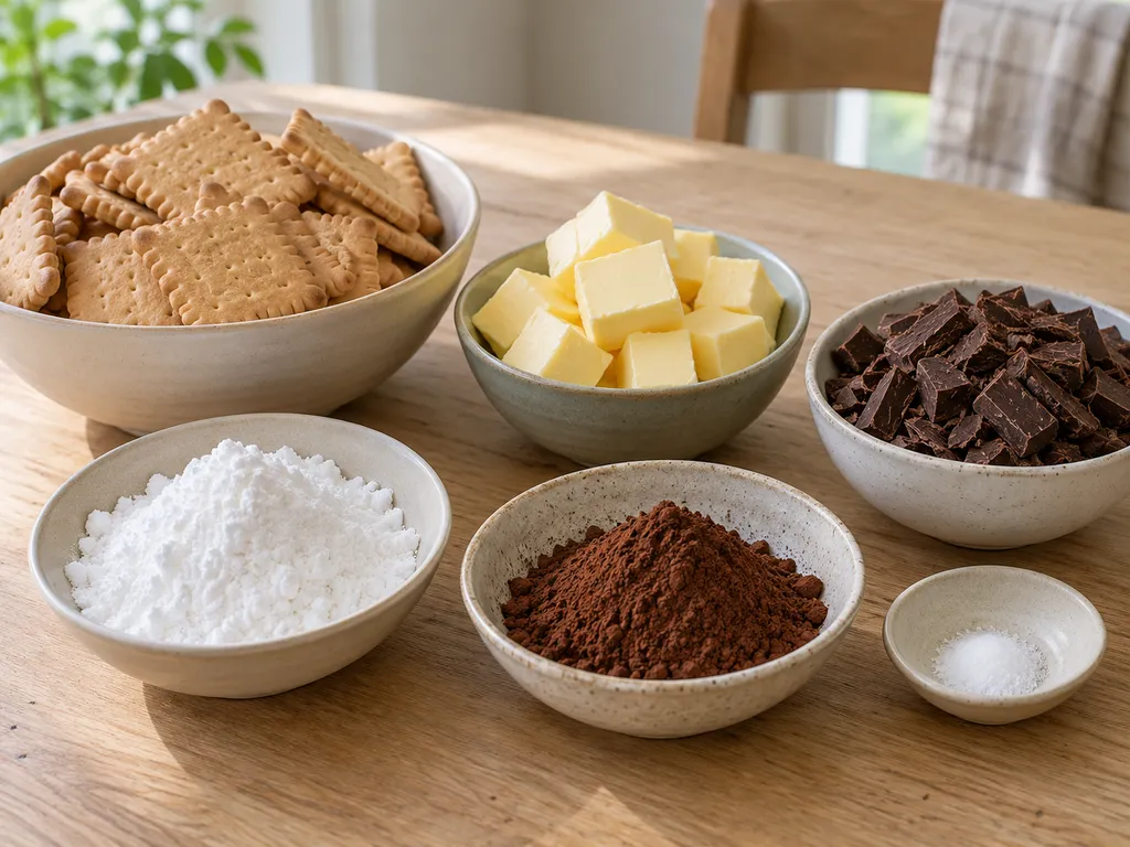 Biscuitjes, boter, pure chocolade, poedersuiker, cacao en zout voor arretjescake
