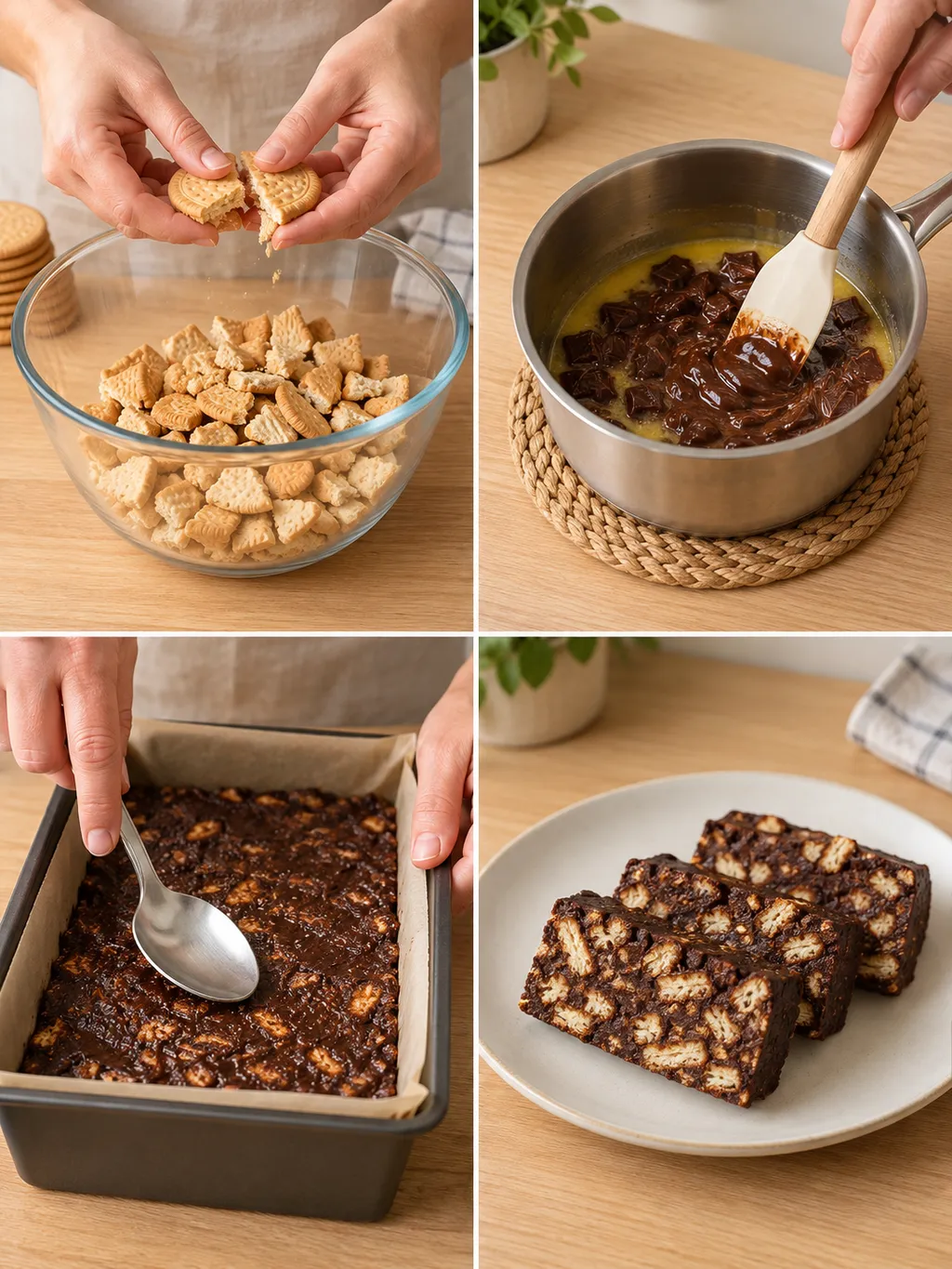 Biscuitjes breken, chocolade smelten, arretjescake aandrukken en de afgewerkte plakken