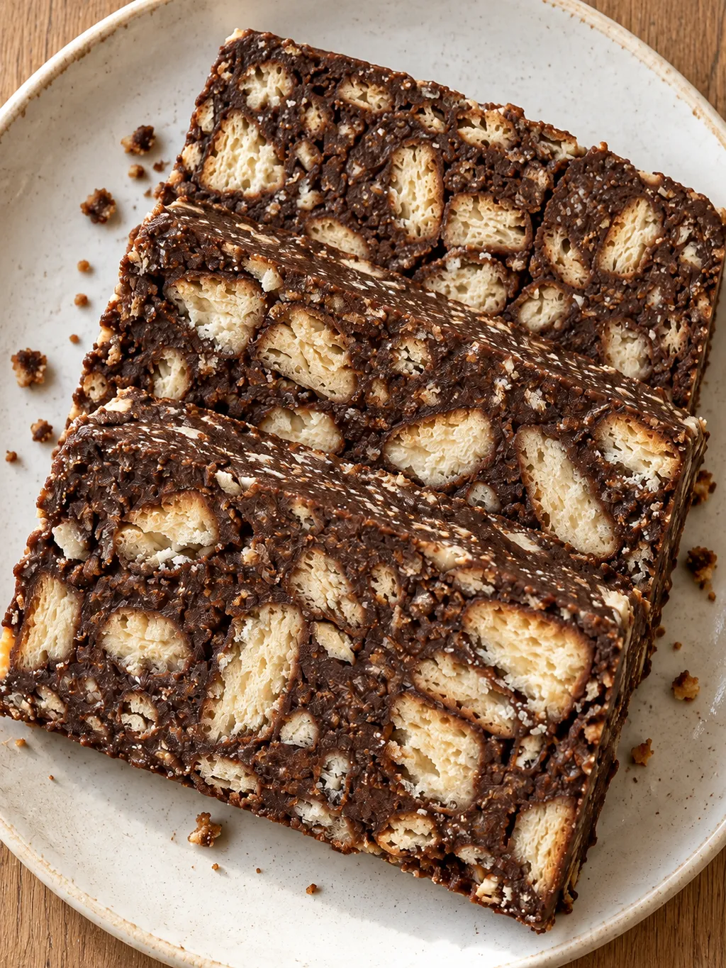 Arretjescake met zichtbare biscuitstukjes op een gebroken wit bord