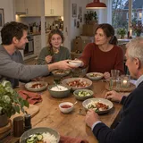 Bas geeft Nora rode zoetzure saus aan de eiken tafel, terwijl Evert en Mila met hen babi pangang eten.