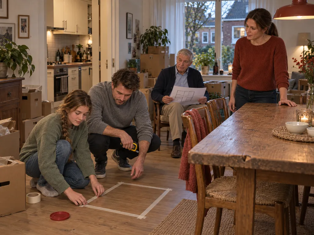 Mila en Bas meten een kleine tafelplek af op de vloer; Nora houdt haar hand op de oude eiken tafel.