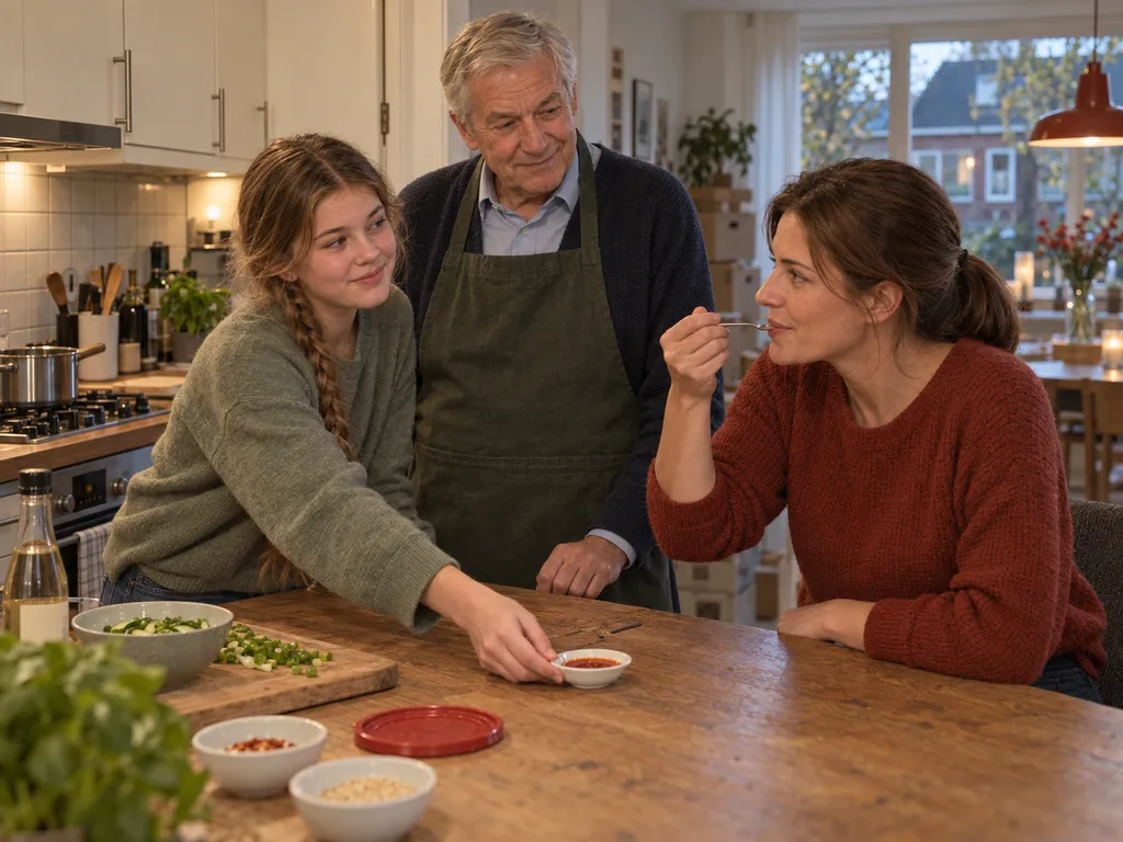 Nora proeft Mila's rode zoetzure saus terwijl Evert naast hen in de keuken staat.