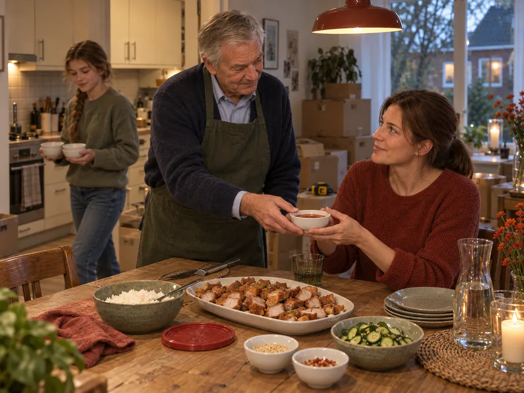 Evert schuift Nora een kommetje saus toe naast de schaal met krokant gesneden varkensvlees.