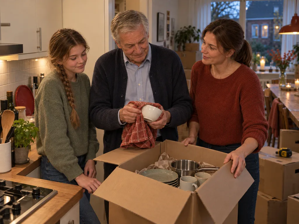 Evert pakt een sauskommetje in terwijl Nora de verhuisdoos openhoudt en Mila naast hen staat.