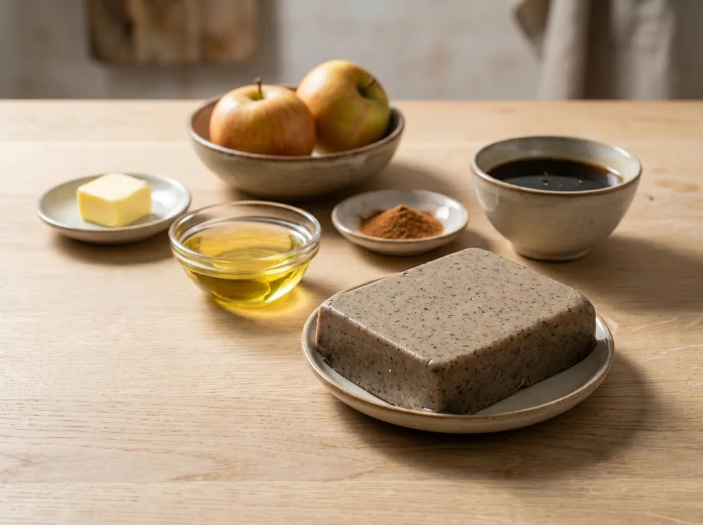 Balkenbrij, twee appels, boter, zonnebloemolie, kaneel en schenkstroop