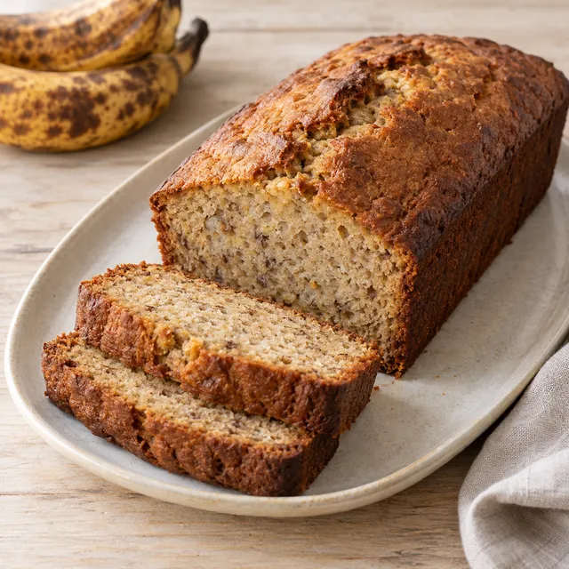 Bananenbrood met een goudbruine korst en twee plakken met zachte banaankruim