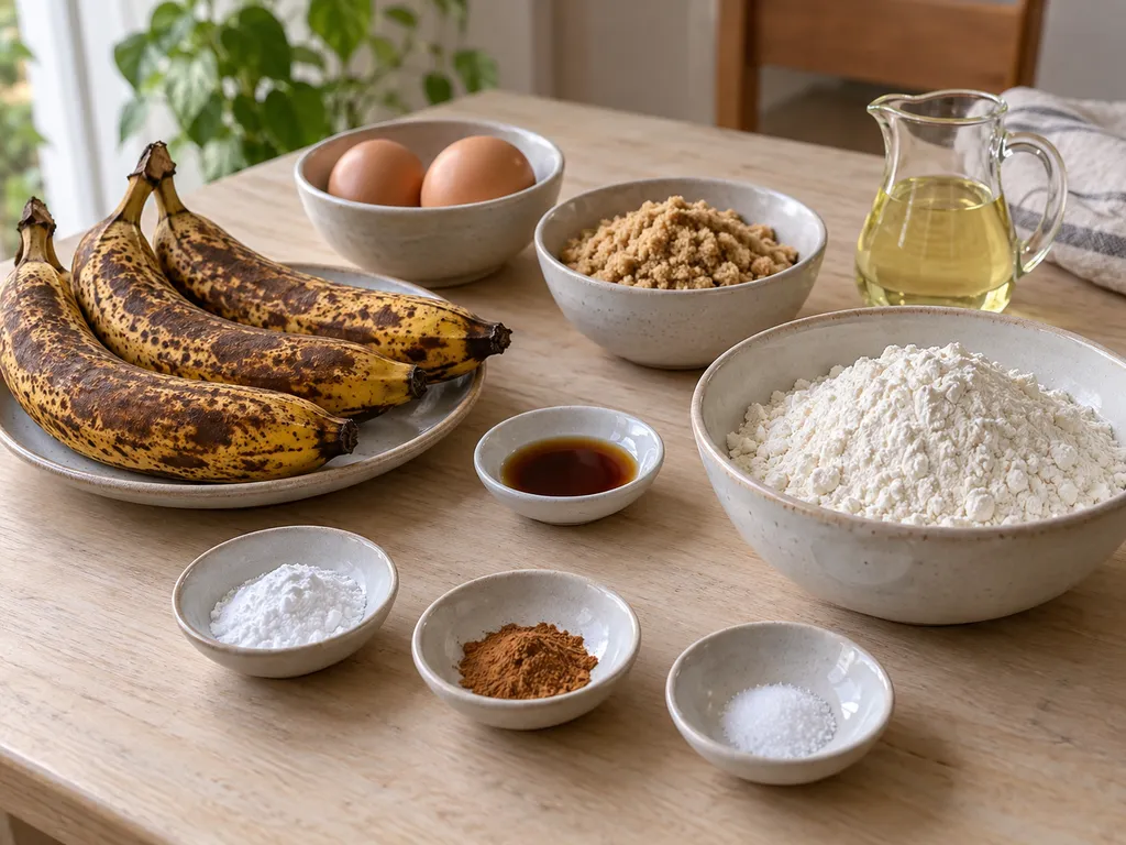 Bruine bananen, eieren, suiker, olie, vanille, bloem, bakpoeder, kaneel en zout
