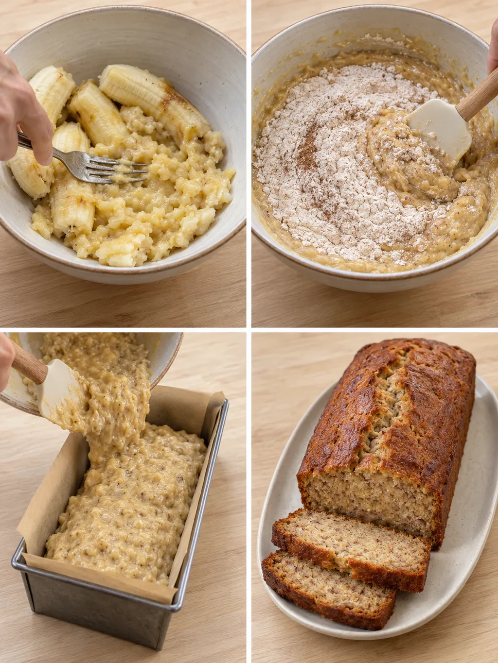 Banaan prakken, beslag mengen, de cakevorm vullen en gebakken bananenbrood