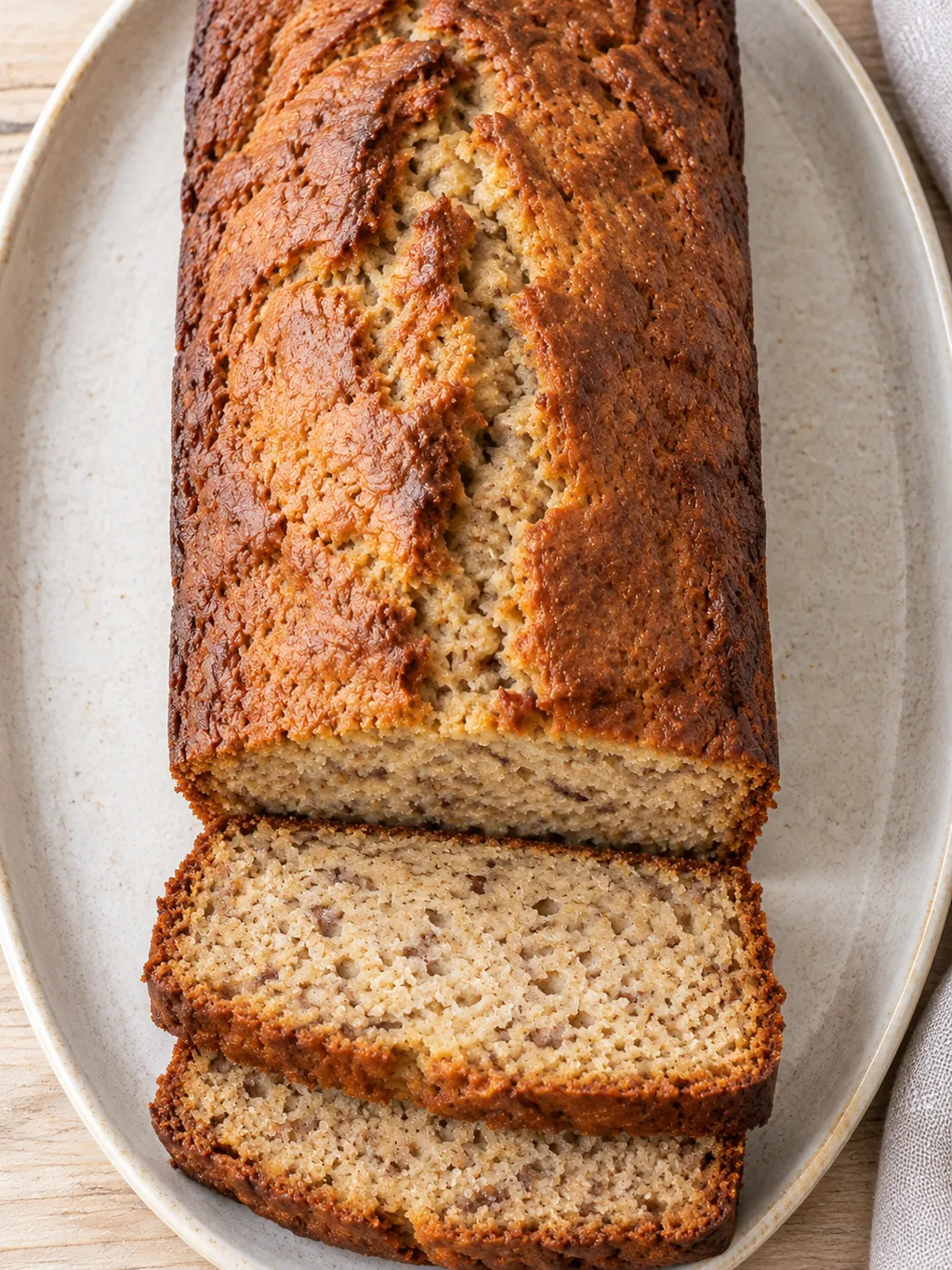 Goudbruin bananenbrood met twee zachte plakken op een licht serveerbord