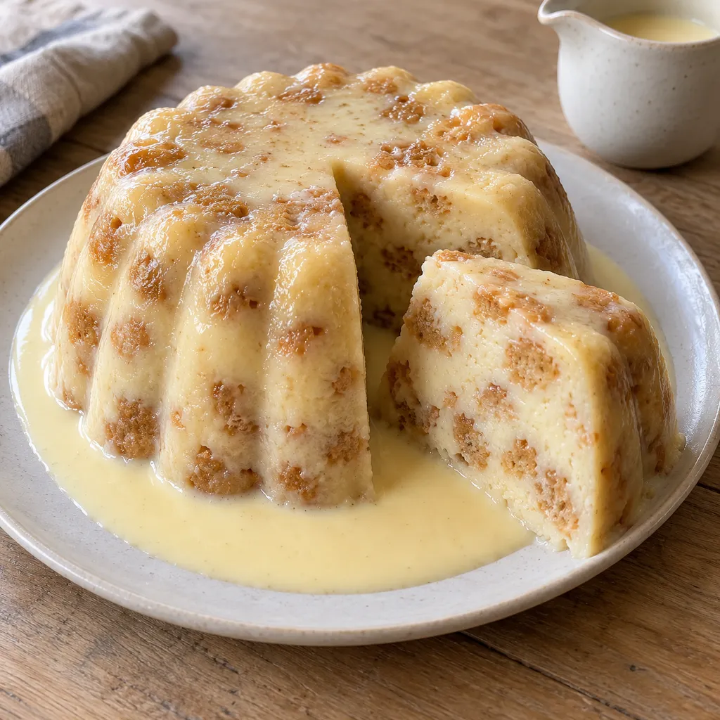 Bitterkoekjespudding met zichtbare koekstukjes en vanillesaus op een schaal
