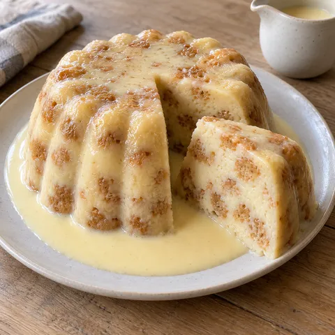 Bitterkoekjespudding met zichtbare koekstukjes en vanillesaus op een schaal
