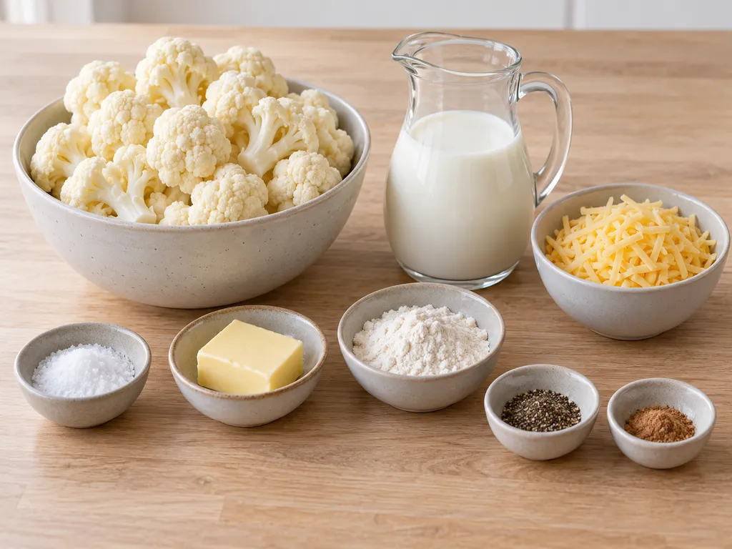 Bloemkool, geraspte kaas, melk, boter, bloem, zout, peper en nootmuskaat