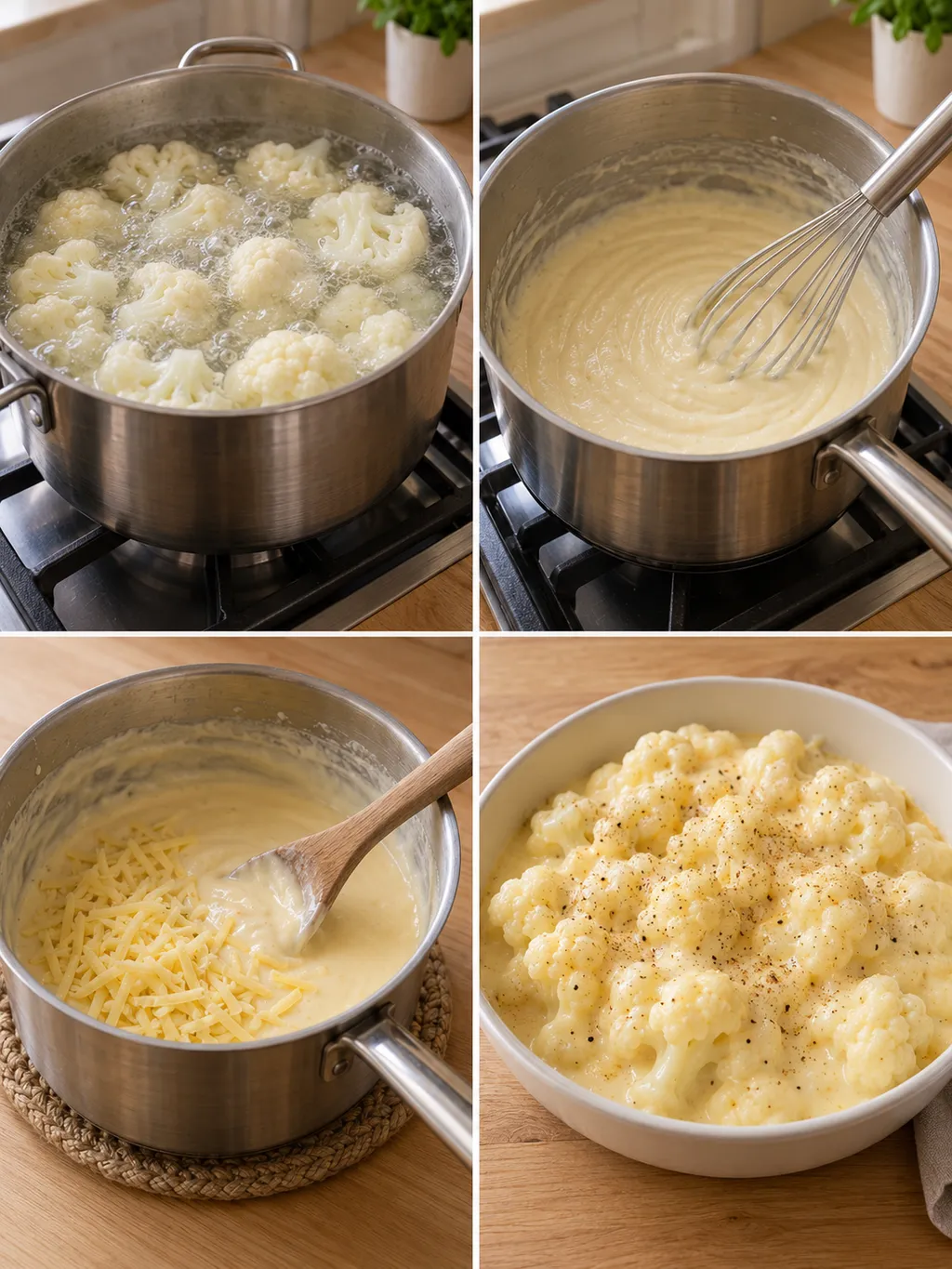 Bloemkool koken, saus roeren en bloemkool met kaassaus serveren