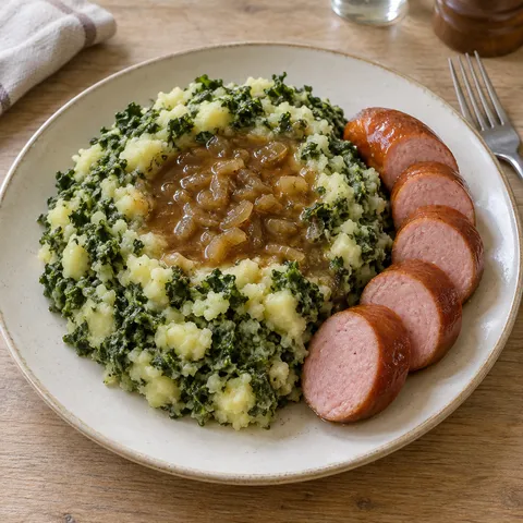 Boerenkoolstamppot met dikke plakken rookworst en een kuiltje uienjus