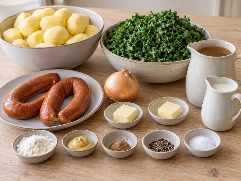 Aardappelen, boerenkool, twee rookworsten en ingrediënten voor uienjus