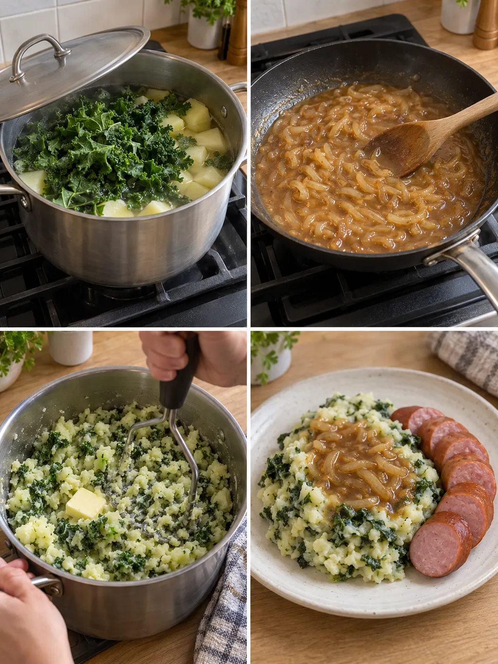 Boerenkool koken, uienjus roeren, stamppot stampen en het gerecht serveren