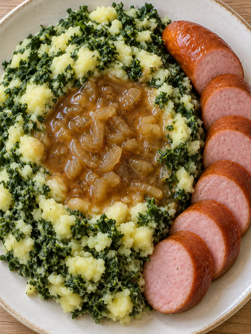 Boerenkoolstamppot met uienjus en gesneden rookworst op een crème bord