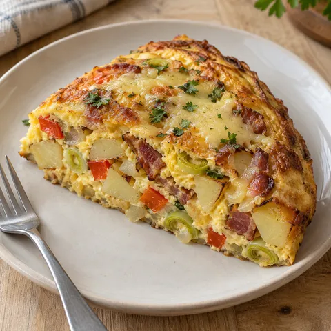 Boerenomelet met aardappelblokjes, spek, paprika, prei en gesmolten kaas