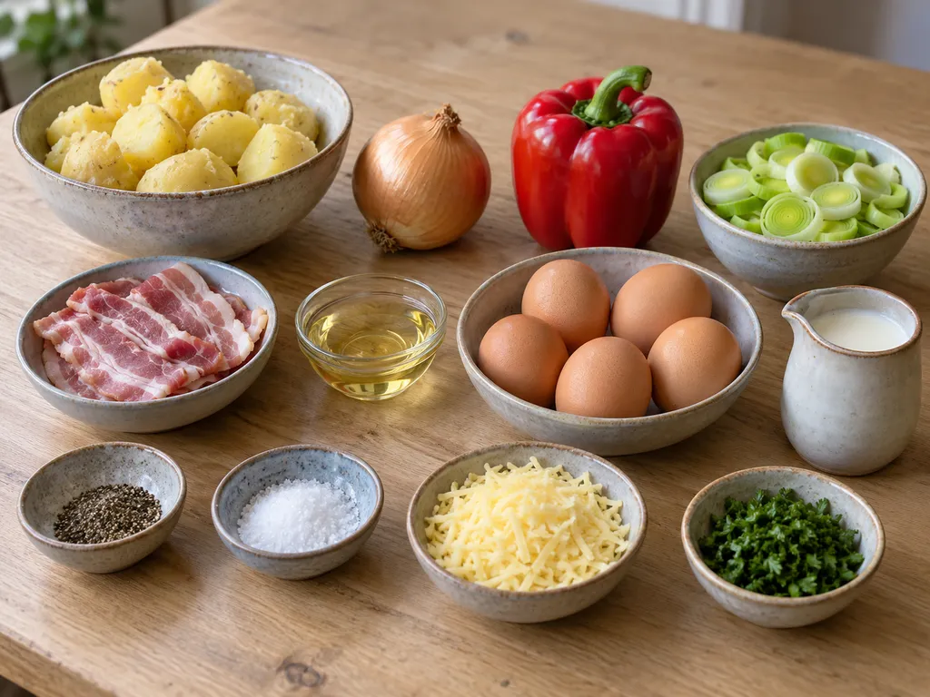 Aardappelen, spek, zes eieren, paprika, prei, ui, melk, kaas en kruiden