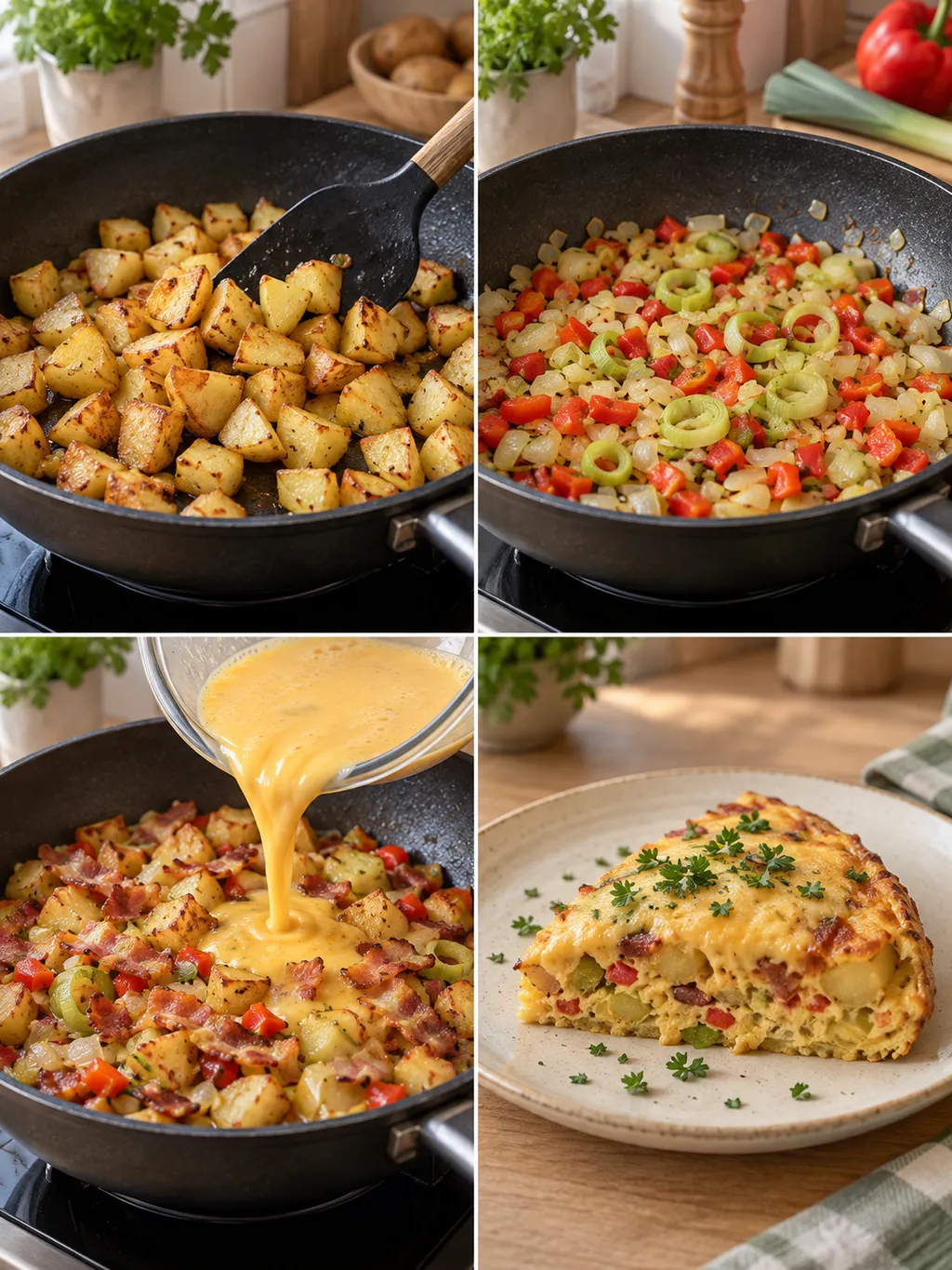 Aardappelen bakken, groente bakken, ei toevoegen en de gare boerenomelet serveren