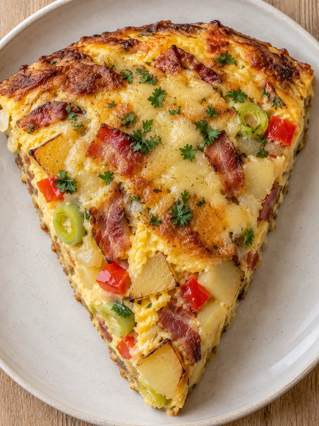 Een royale punt boerenomelet met spek, aardappel, paprika, kaas en peterselie