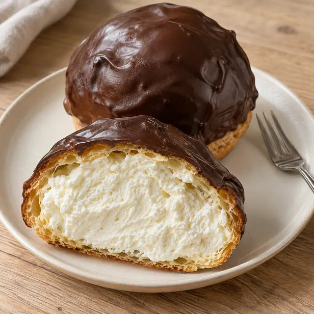 Bossche bol met pure chocolade en een doorgesneden helft vol vanilleslagroom
