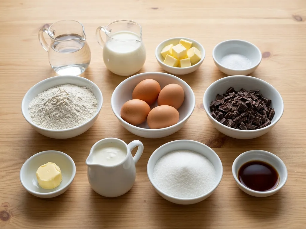 Bloem, eieren, boter, melk, slagroom en pure chocolade voor Bossche bollen