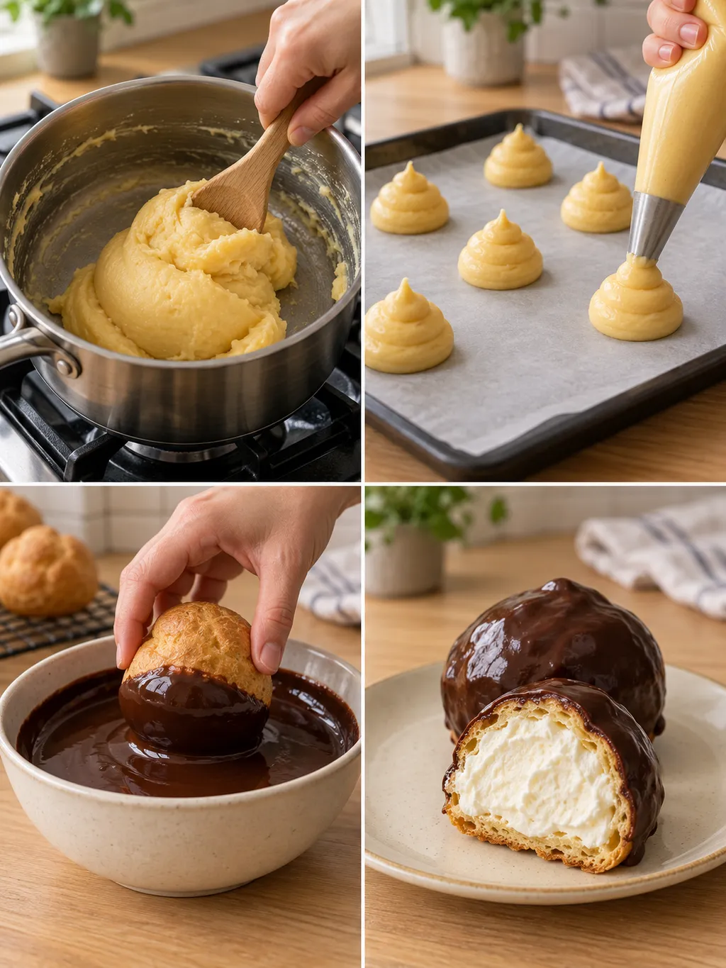 Soezendeeg roeren, bollen spuiten, chocolade aanbrengen en een gevulde Bossche bol