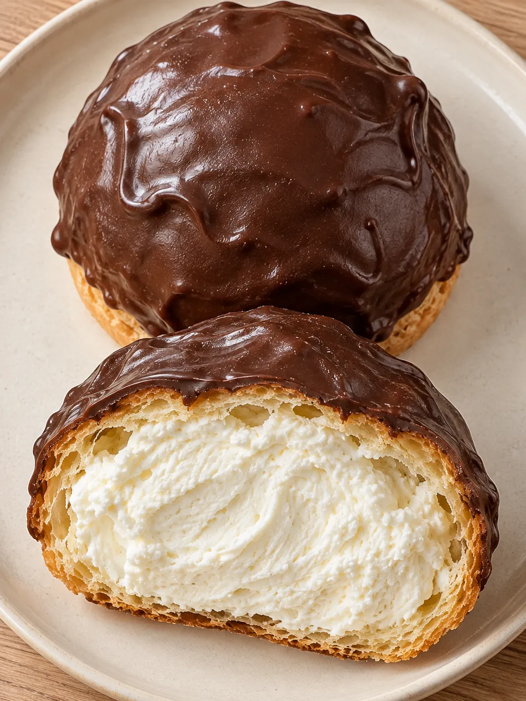 Bossche bol met een dunne chocoladelaag en royale witte slagroom in de doorsnede