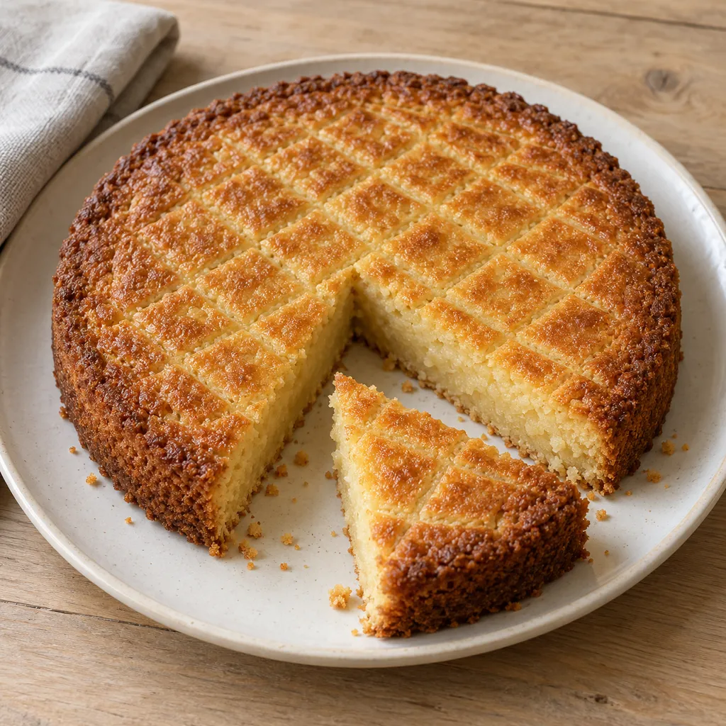 Goudbruine boterkoek met ruitjespatroon en een aangesneden punt met zachte kern