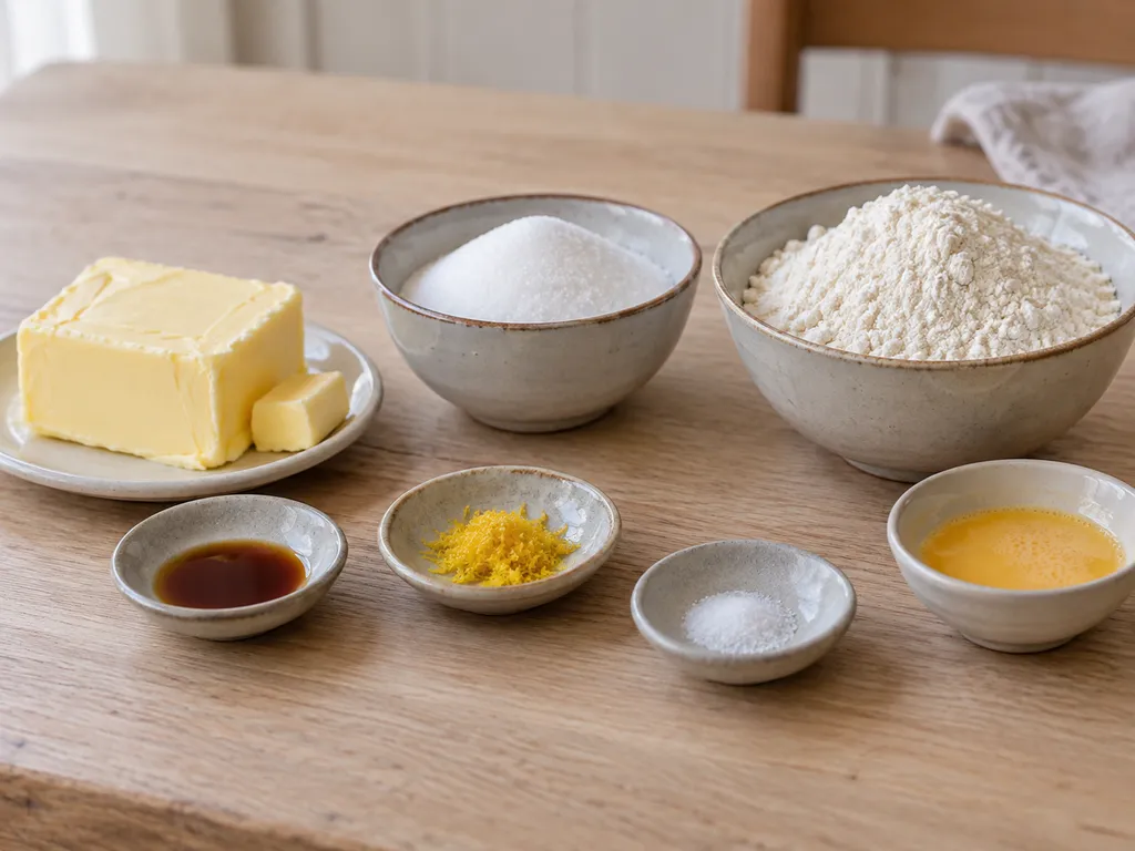 Roomboter, suiker, bloem, vanille, citroenrasp, zout en losgeklopt ei voor boterkoek