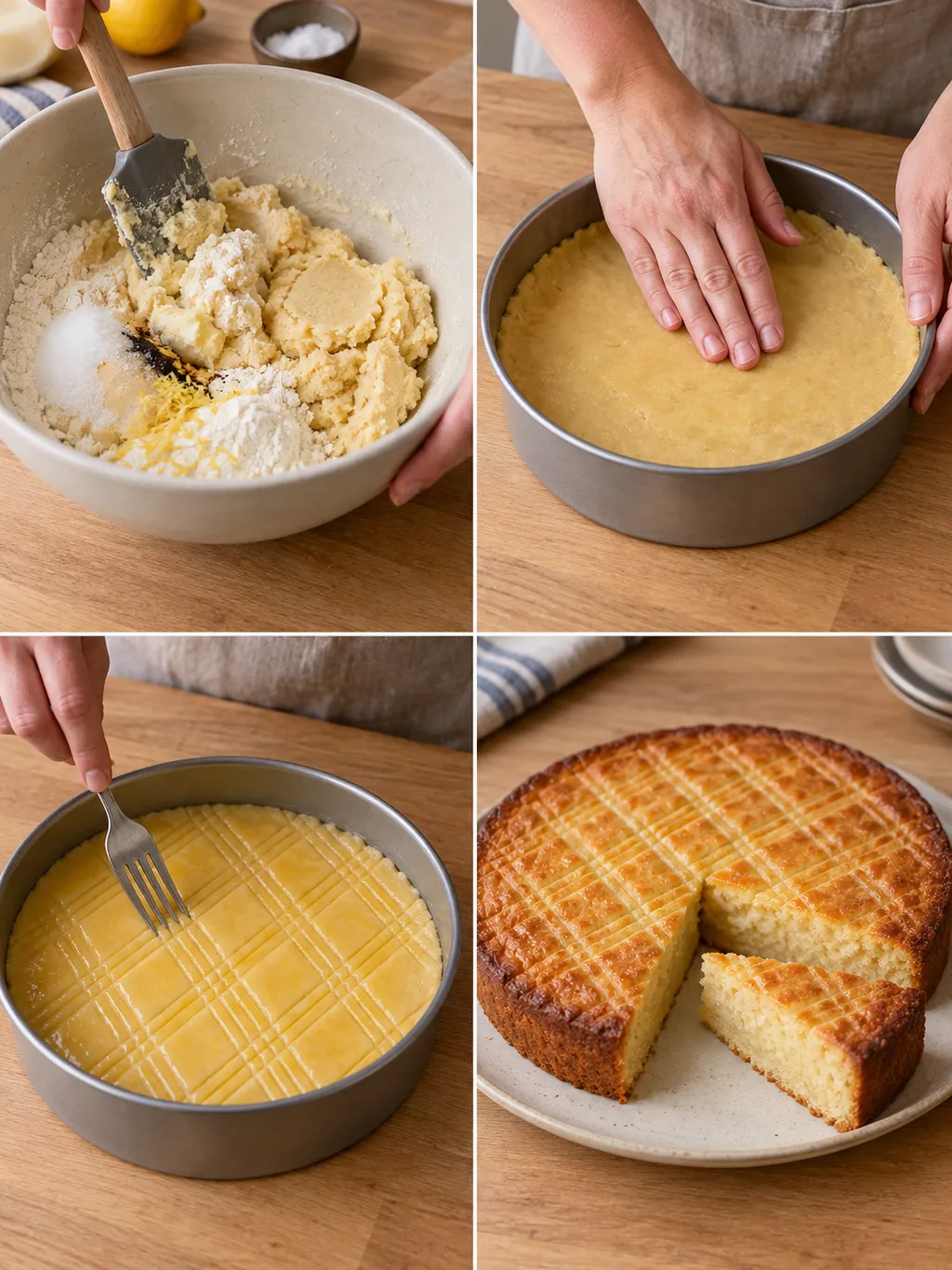 Boterkoekdeeg mengen, aandrukken, een ruitjespatroon maken en de gebakken koek serveren