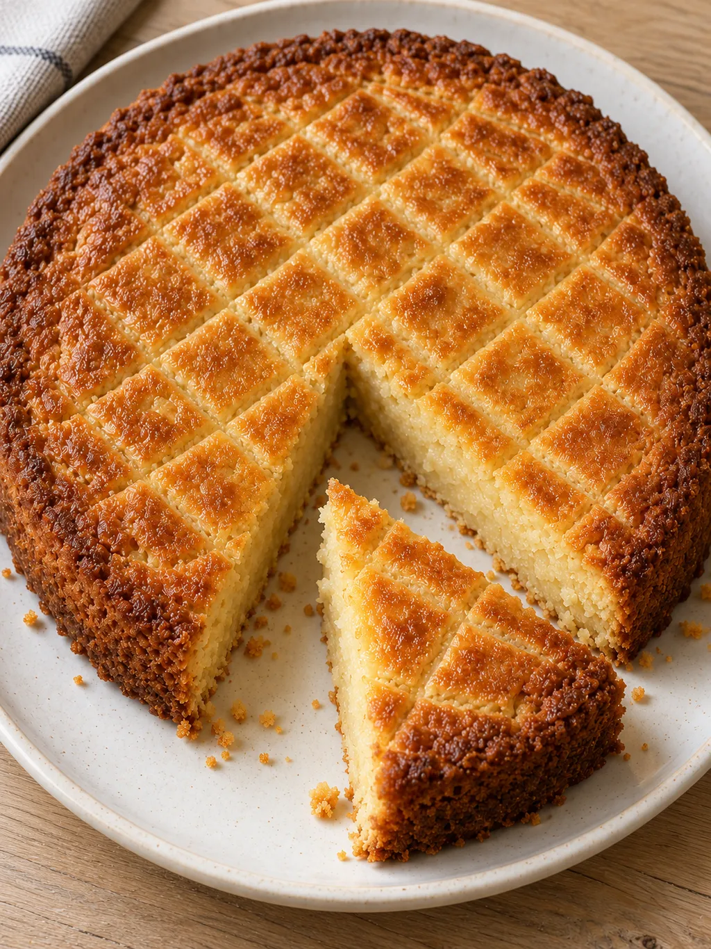 Boterkoek met goudbruine rand, ruitjespatroon en een losse punt op een licht bord